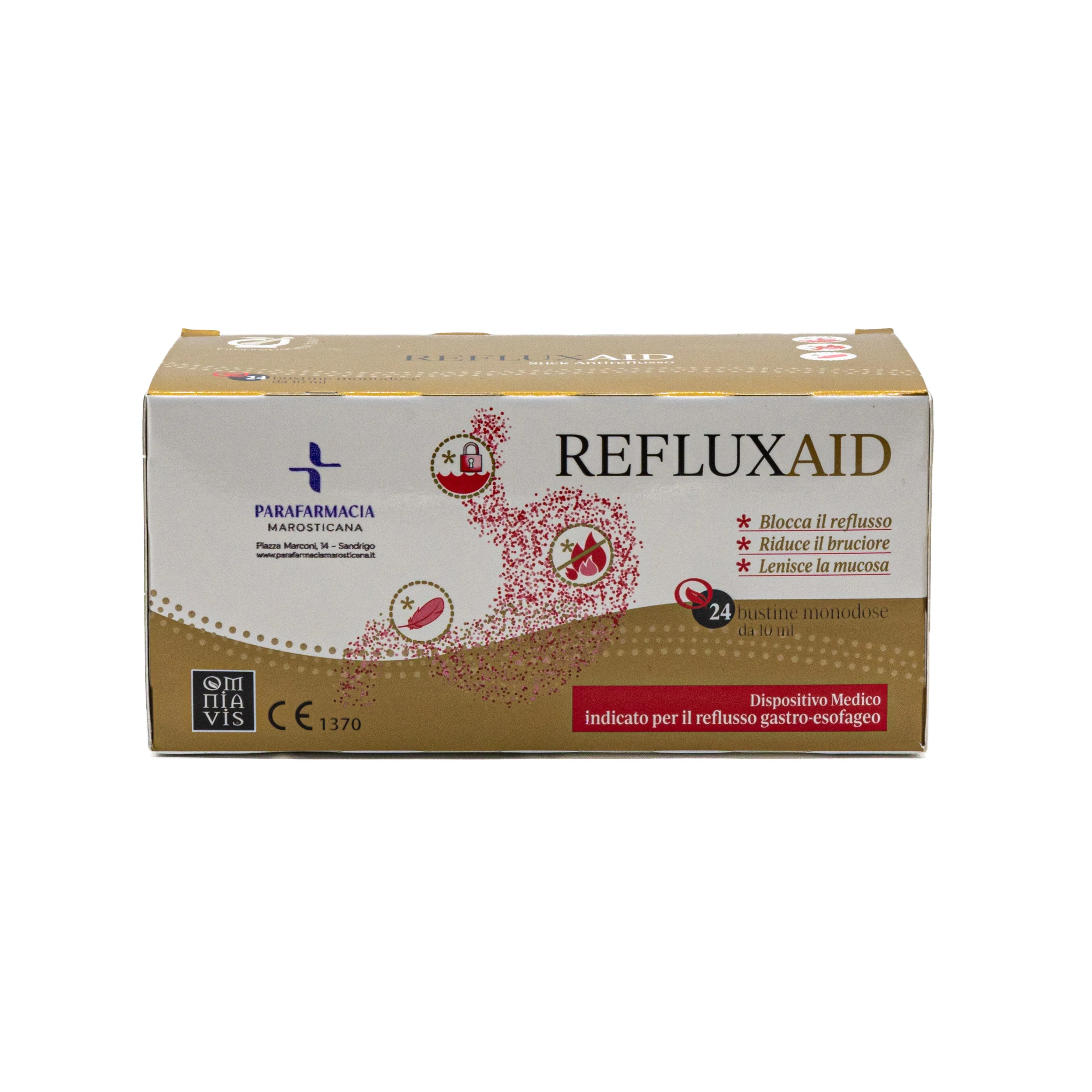 scatola frontale RefluxAID bustine integratore per reflusso gastroesofageo e acidità di stomaco