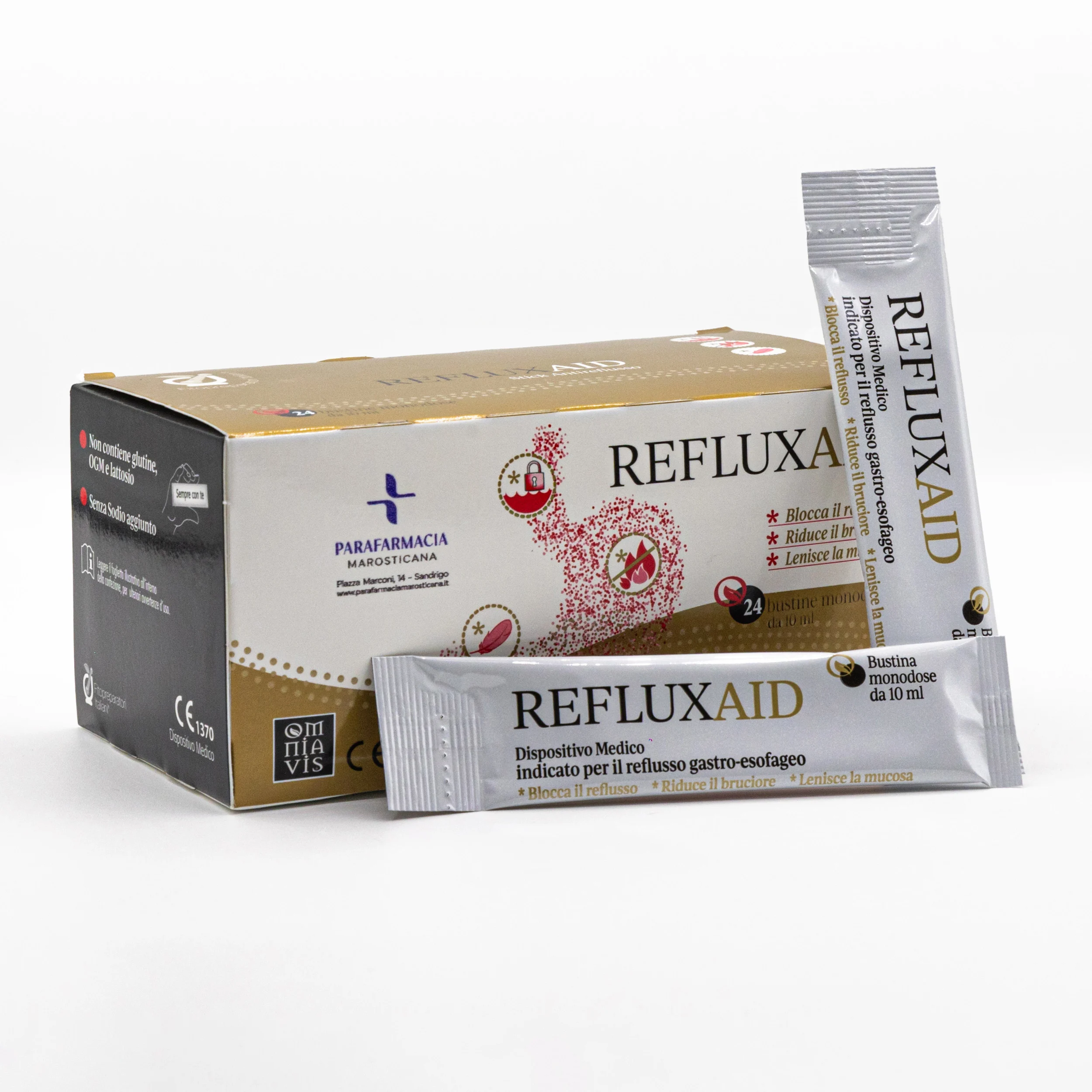 scatola con due bustine RefluxAID bustine integratore per reflusso gastroesofageo e acidità di stomaco