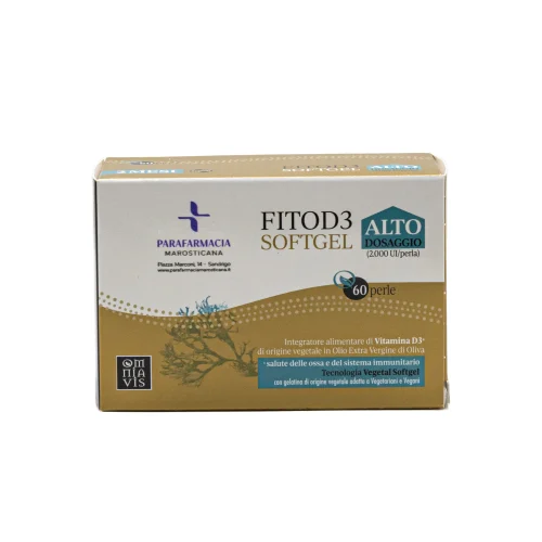 scatola frontale FitoD3 softgel vitamina D3 per ossa, sistema immunitario e benessere