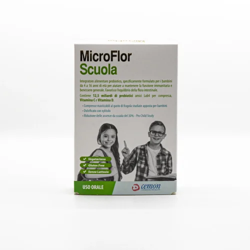 scatola frontale Microflor Scuola masticabile fermenti lattici bambini per flora intestinale e difese