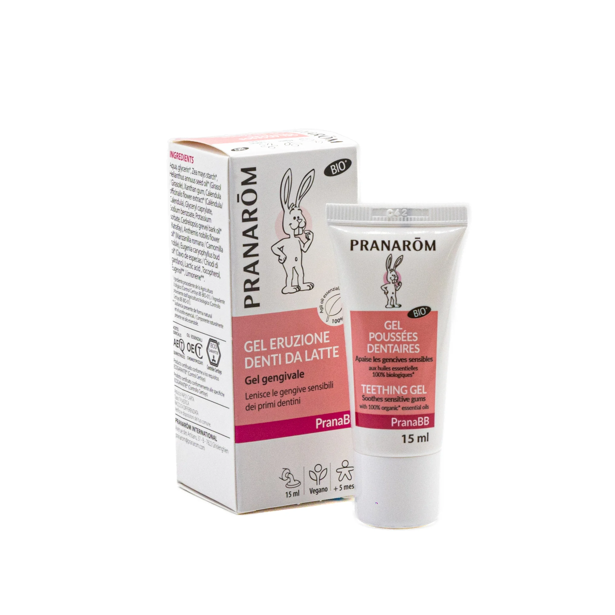 scatola e flacone PranaBB gel dentizione bambini per gengive irritate e denti da latte