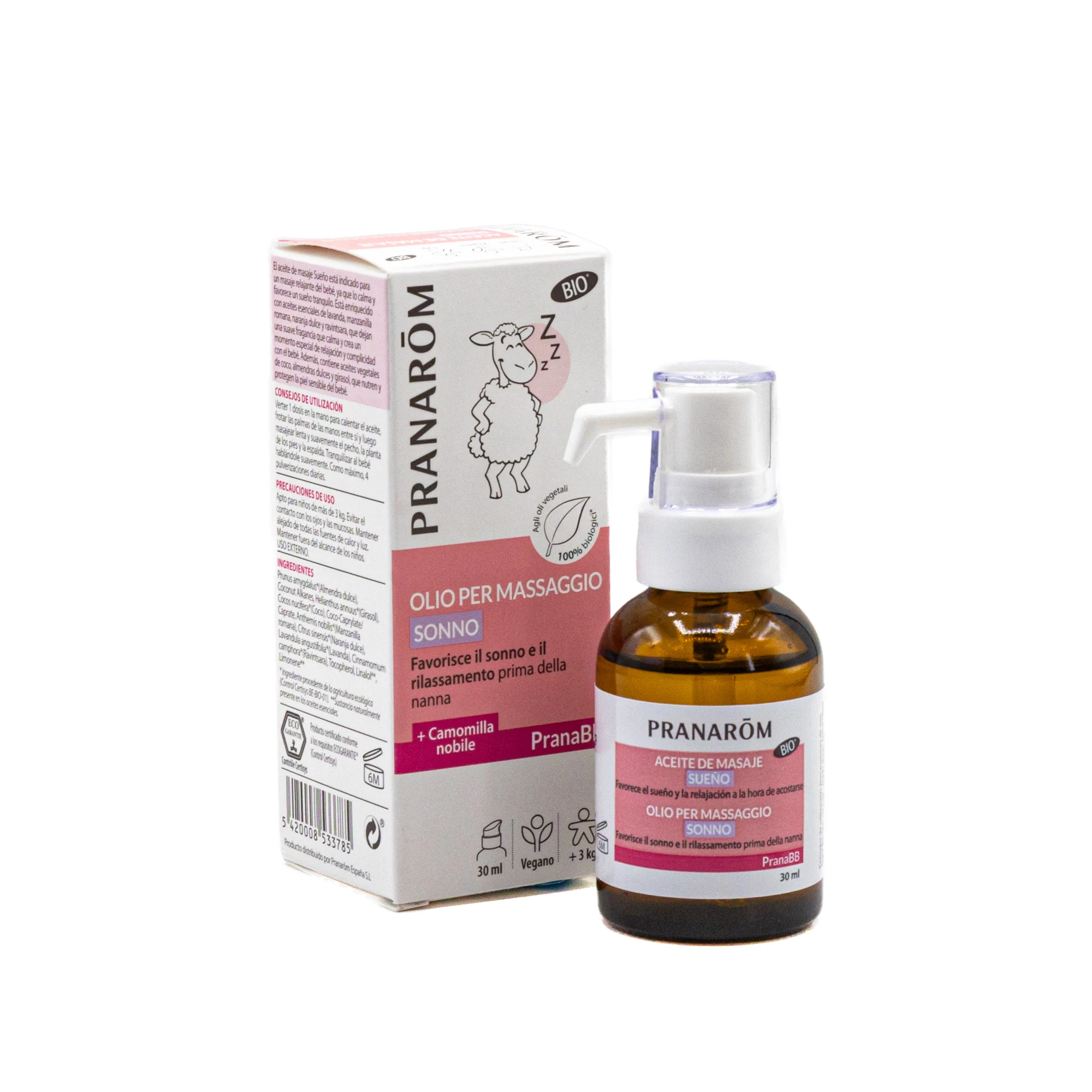 scatola e flacone PranaBB olio massaggio sonno bambini naturale per rilassamento e riposo
